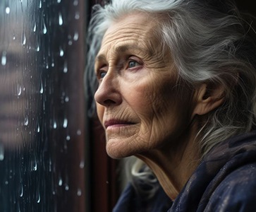 Sad older woman looking out the window on a rainy day