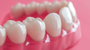 AI generated closeup of shiny dentures with a pink background